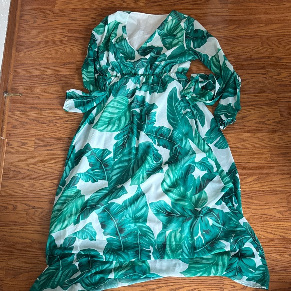 Green and white tropical dress